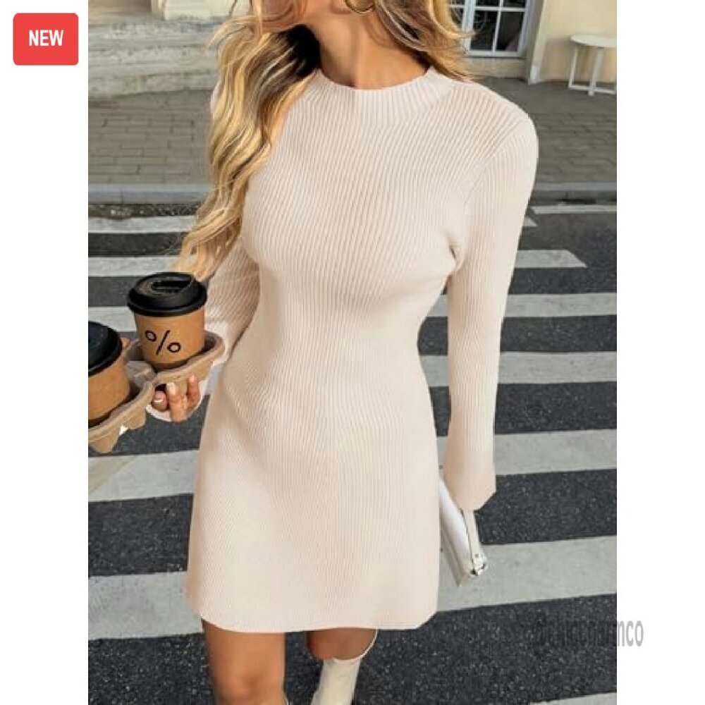 Ribbed Knit Mock Neck Sweater Dress A-Line Mini Bodycon Long Sleeve - Picture 3 of 8